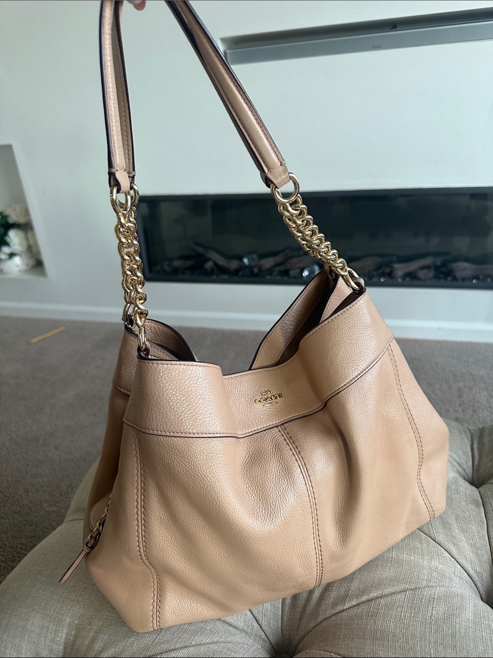 Coach Pebbled Leather Shoulder Bag in Beige with Gold Hardware